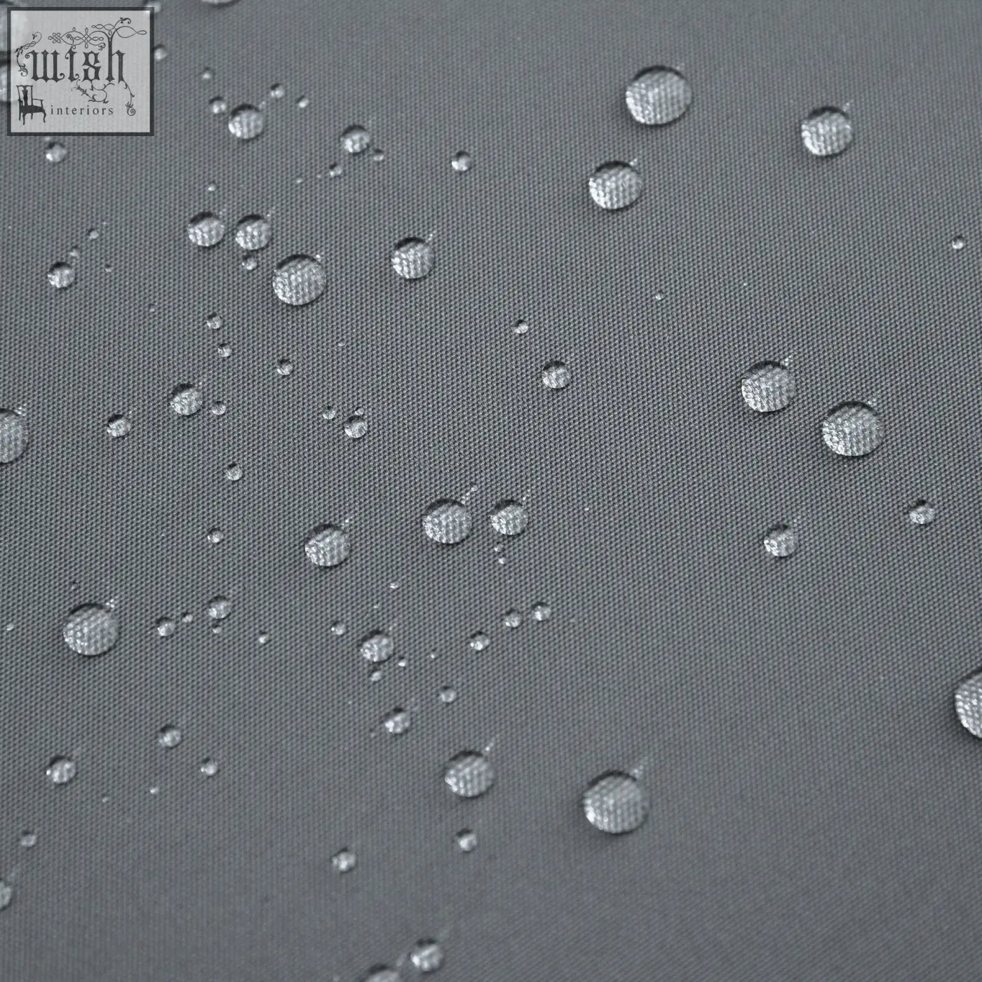 Gray textured polyester fabric with water droplets on replacement cushions for dark grey outsunny sun loungers