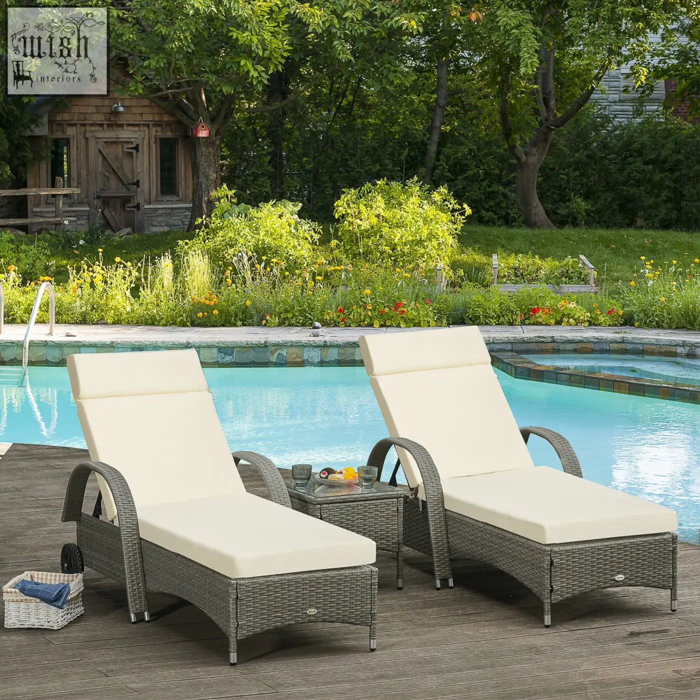 Gray wicker lounge chairs with cream white polyester fabric replacement cushions for rattan furniture with ties