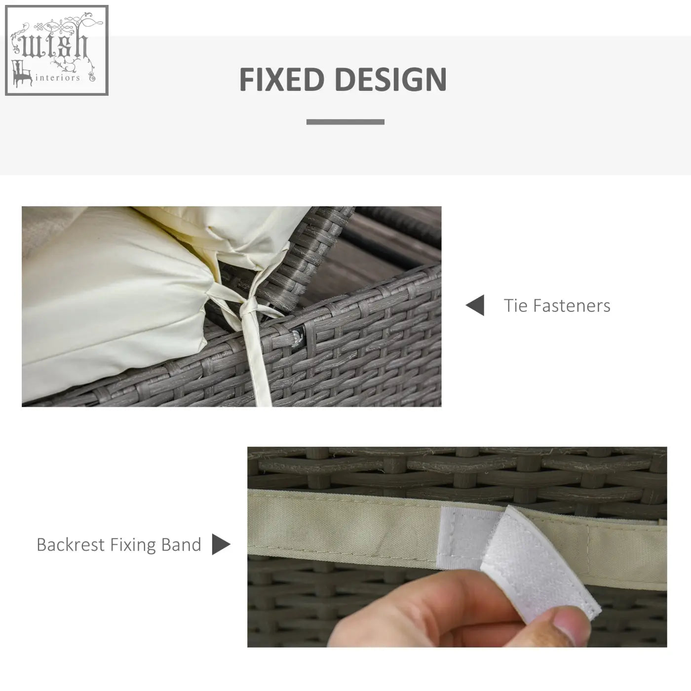 Gray woven wicker outdoor lounge chair with cream white polyester replacement cushions and white fabric tie fasteners
