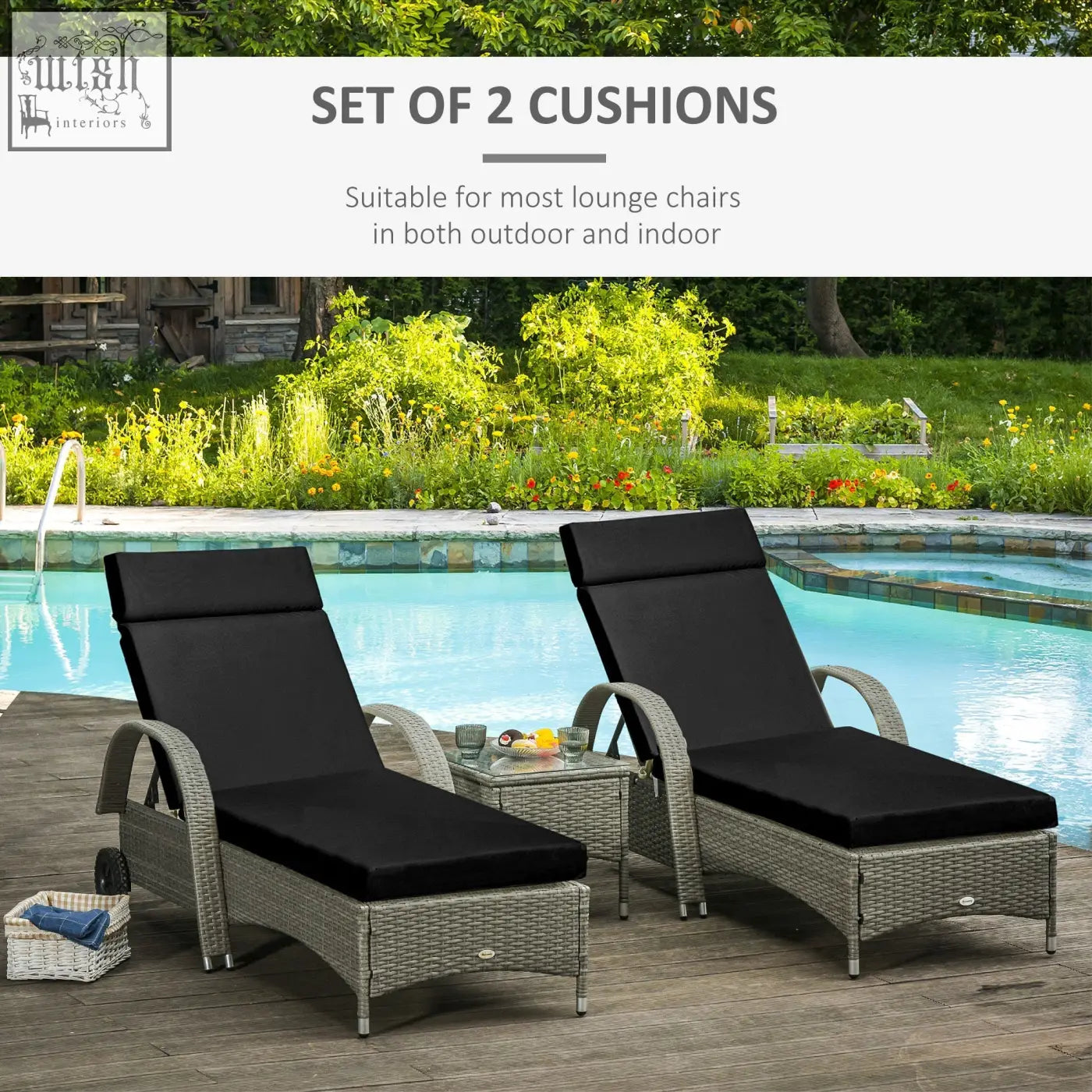 Set of two black cushioned replacement cushions for rattan sun loungers made of durable polyester fabric