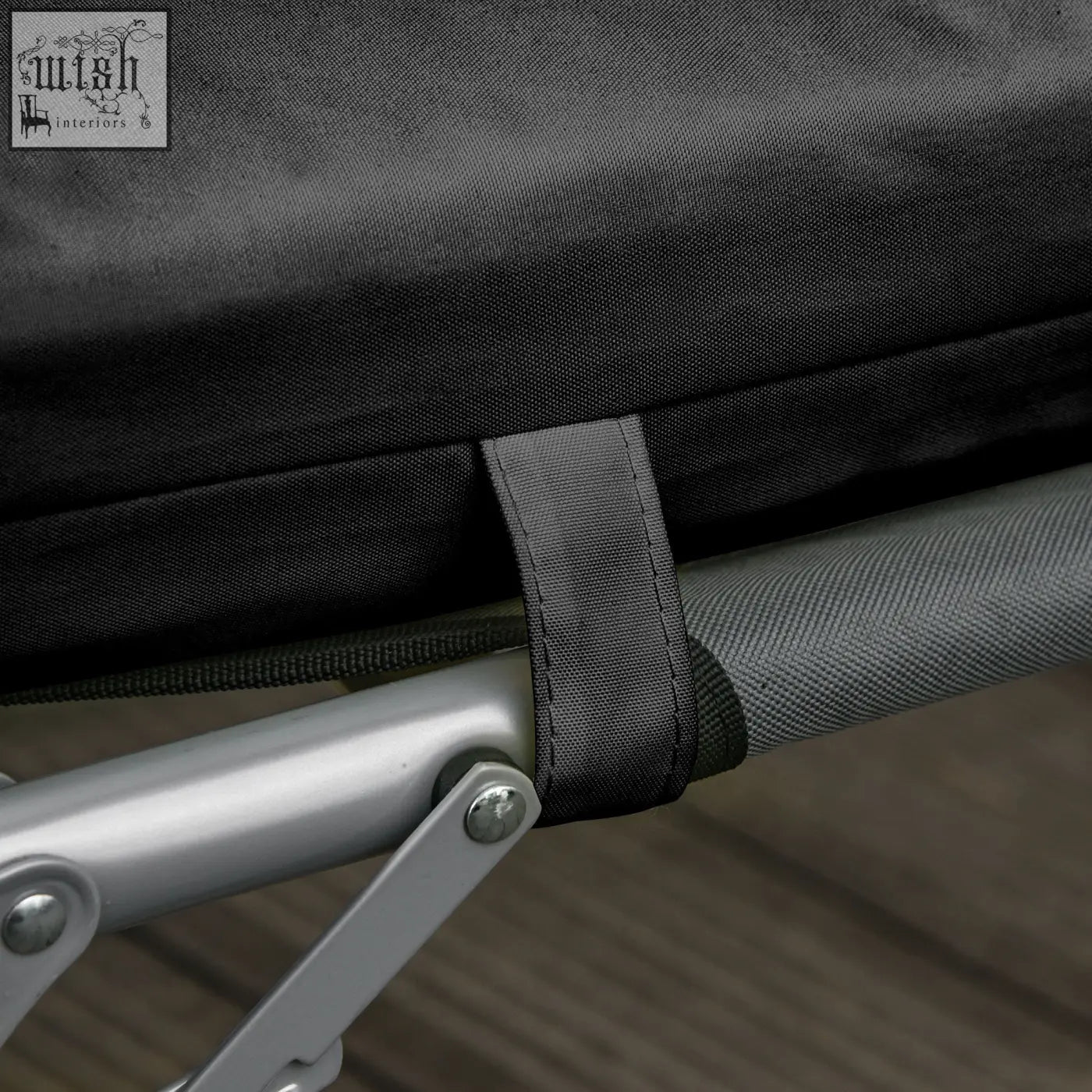 Black polyester fabric replacement cushions with silver metal frame and adjustable arm for sun loungers