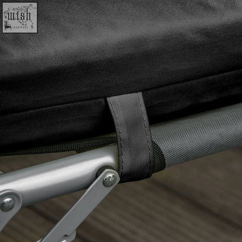 Black polyester fabric replacement cushions with silver metal frame and adjustable arm for sun loungers