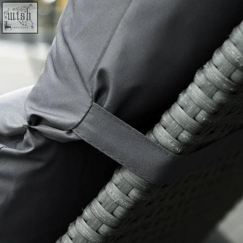 Dark grey woven wicker chair armrest with polyester fabric replacement cushion secured by ties from outsunny set