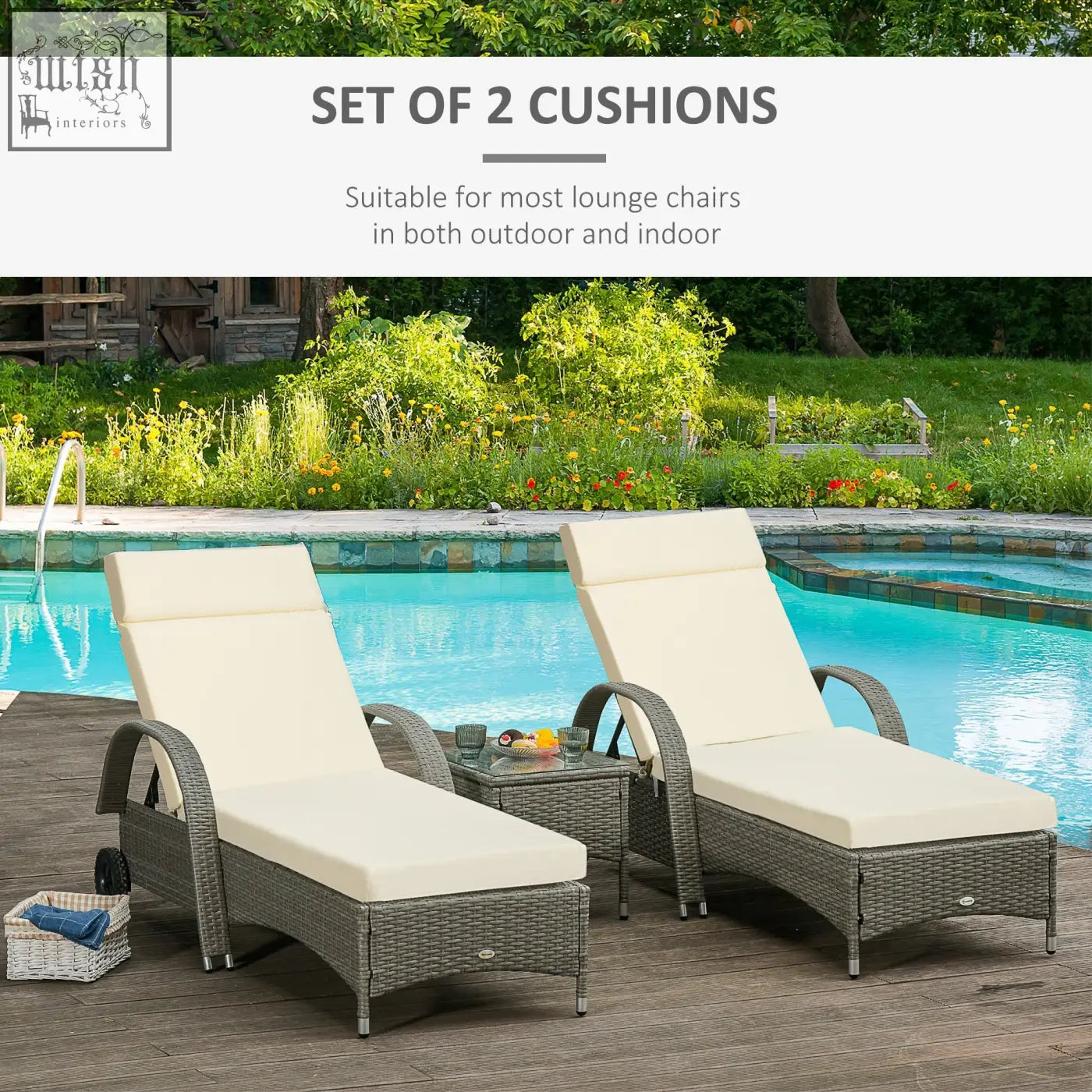 Set of two cream white replacement cushions for rattan furniture made of polyester fabric with ties for loungers