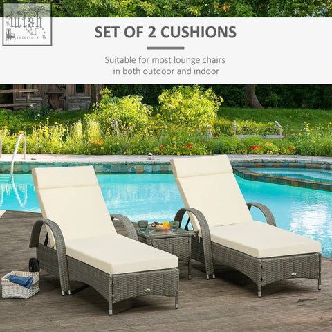 Set of two cream white replacement cushions for rattan furniture made of polyester fabric with ties for loungers