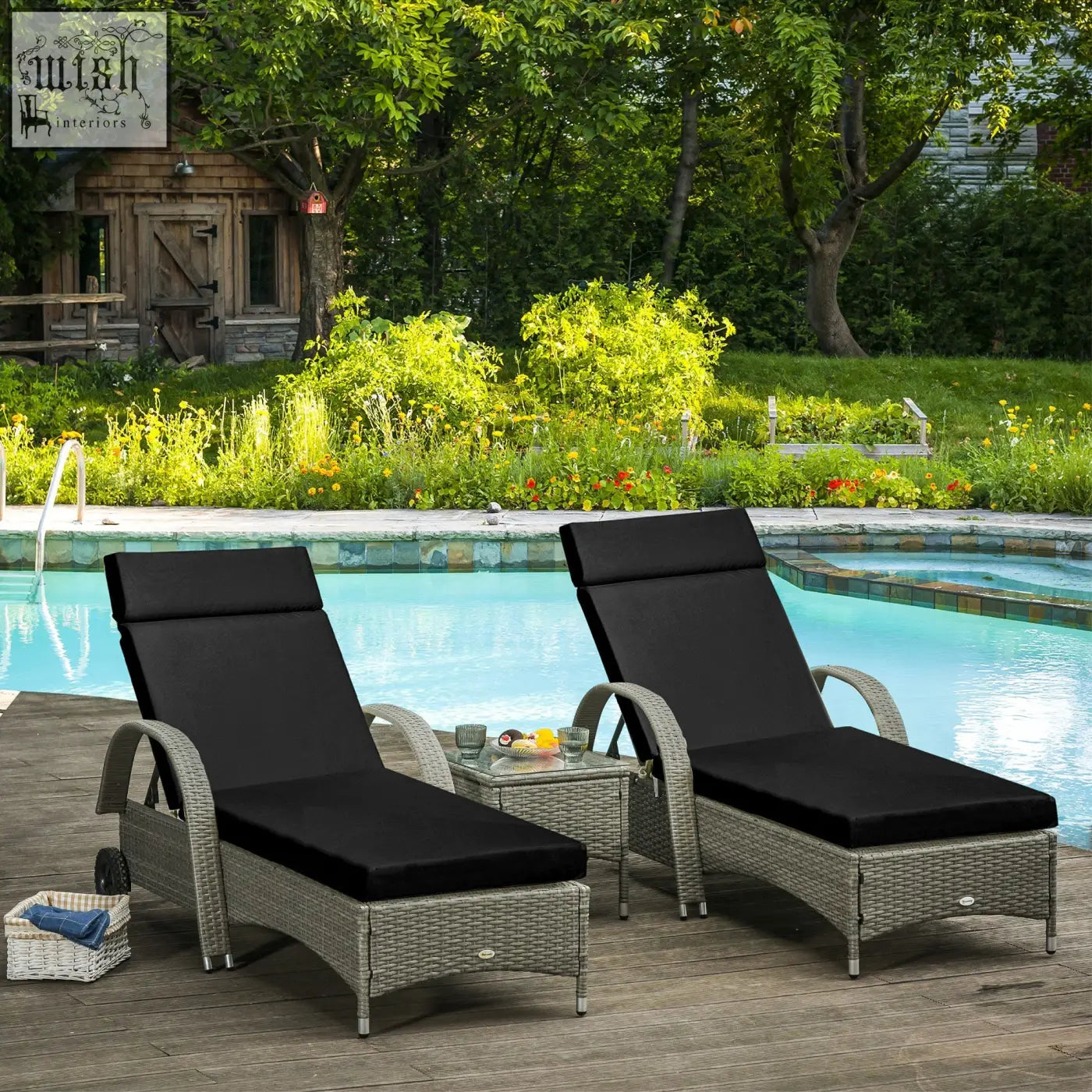 Gray wicker lounge chairs with black polyester replacement cushions for sun loungers by outsunny