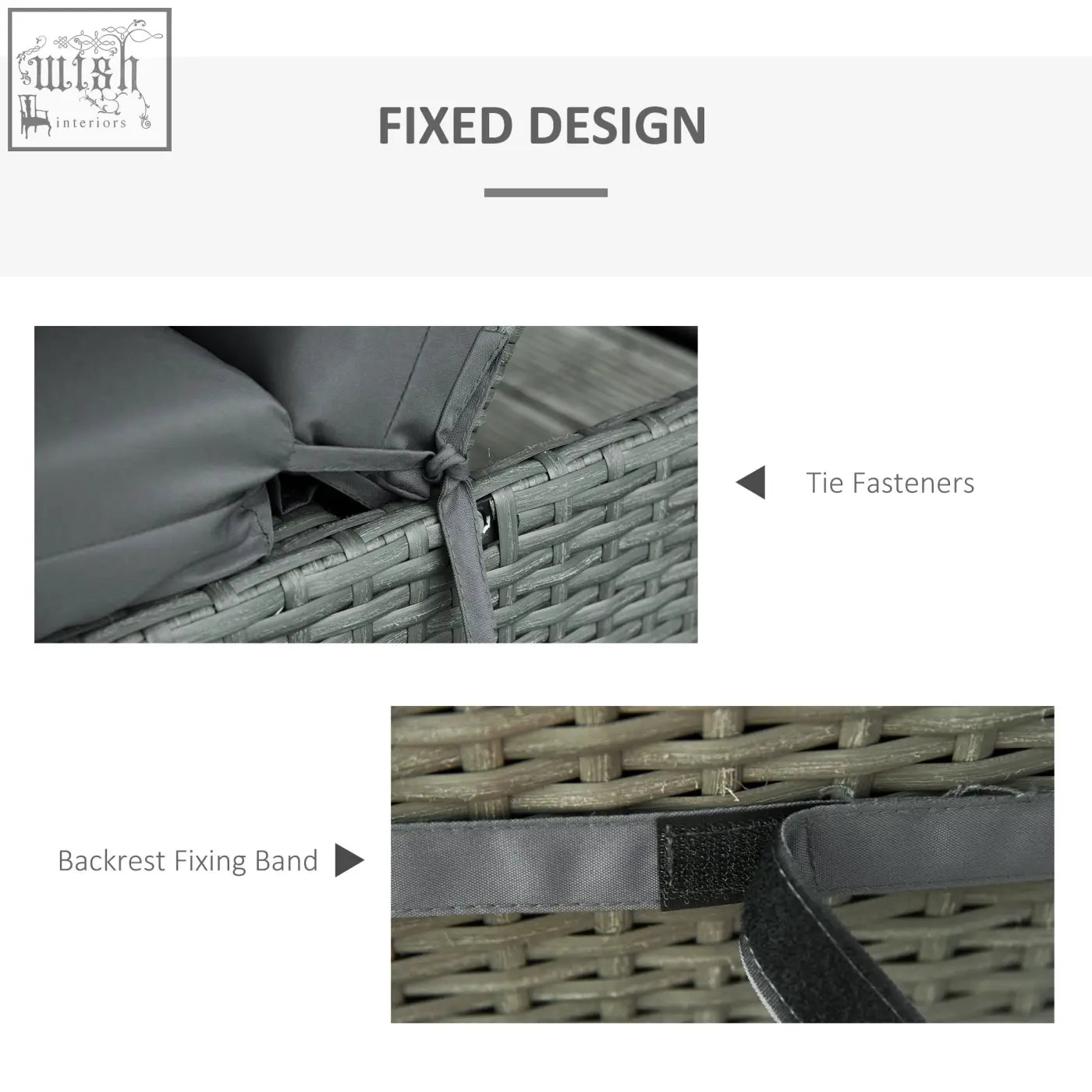 Gray woven wicker outdoor furniture with dark grey polyester replacement cushions featuring tie fasteners and backrest band