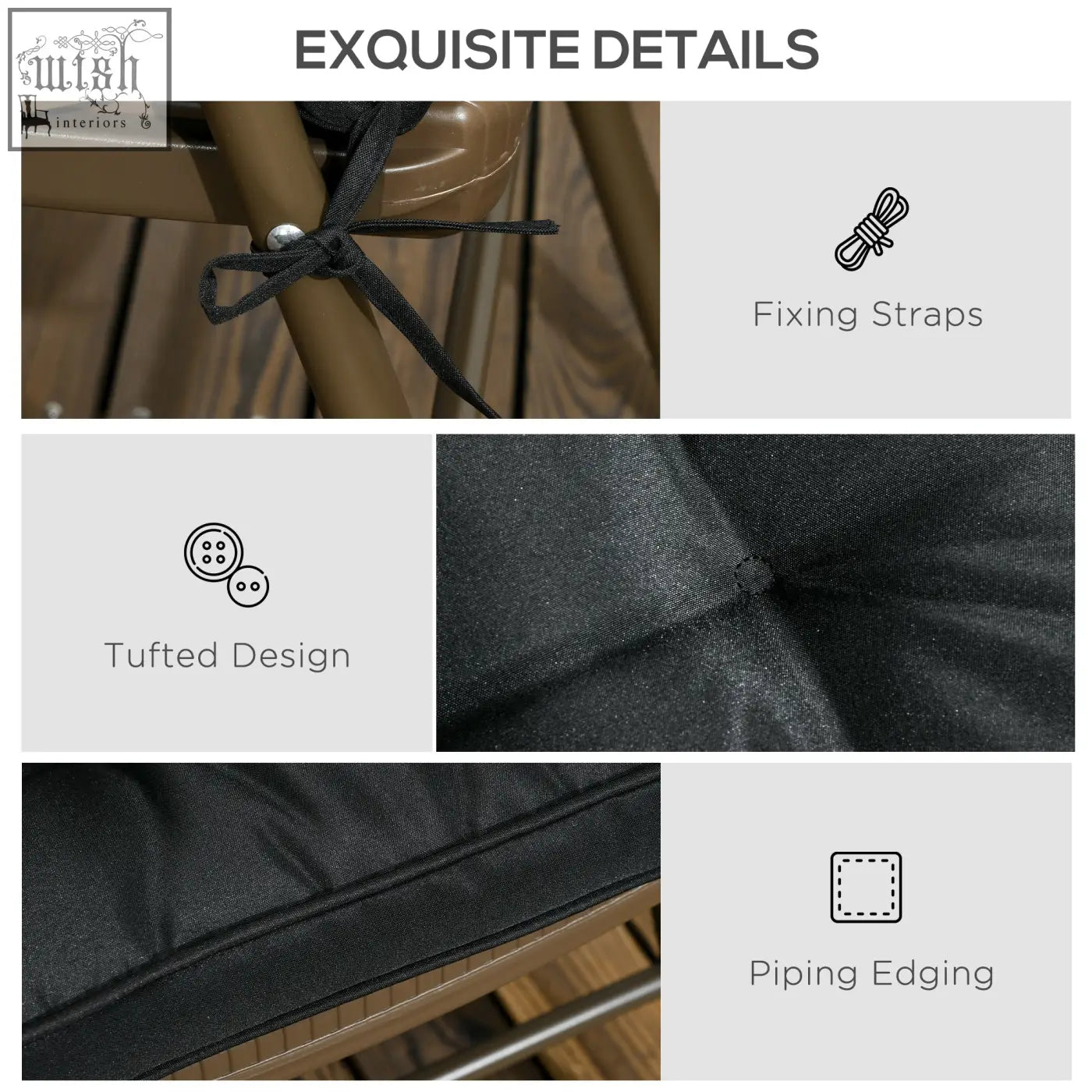 Black tufted Outsunny garden seat cushion with piping edging and two tie fastenings for outdoor seating use