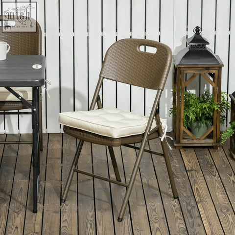 Brown woven resin folding chair with cream quilted outdoor seat cushion featuring two tie fastenings for secure fit