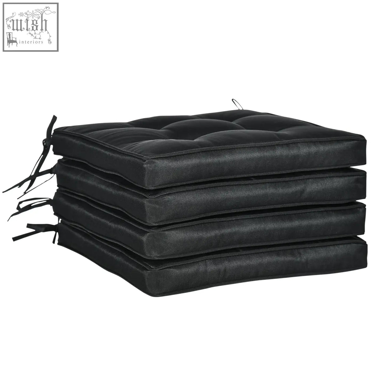 Black quilted fabric cushion with two tie fastenings for outdoor seating from Outsunny set of 4 42 x 42cm