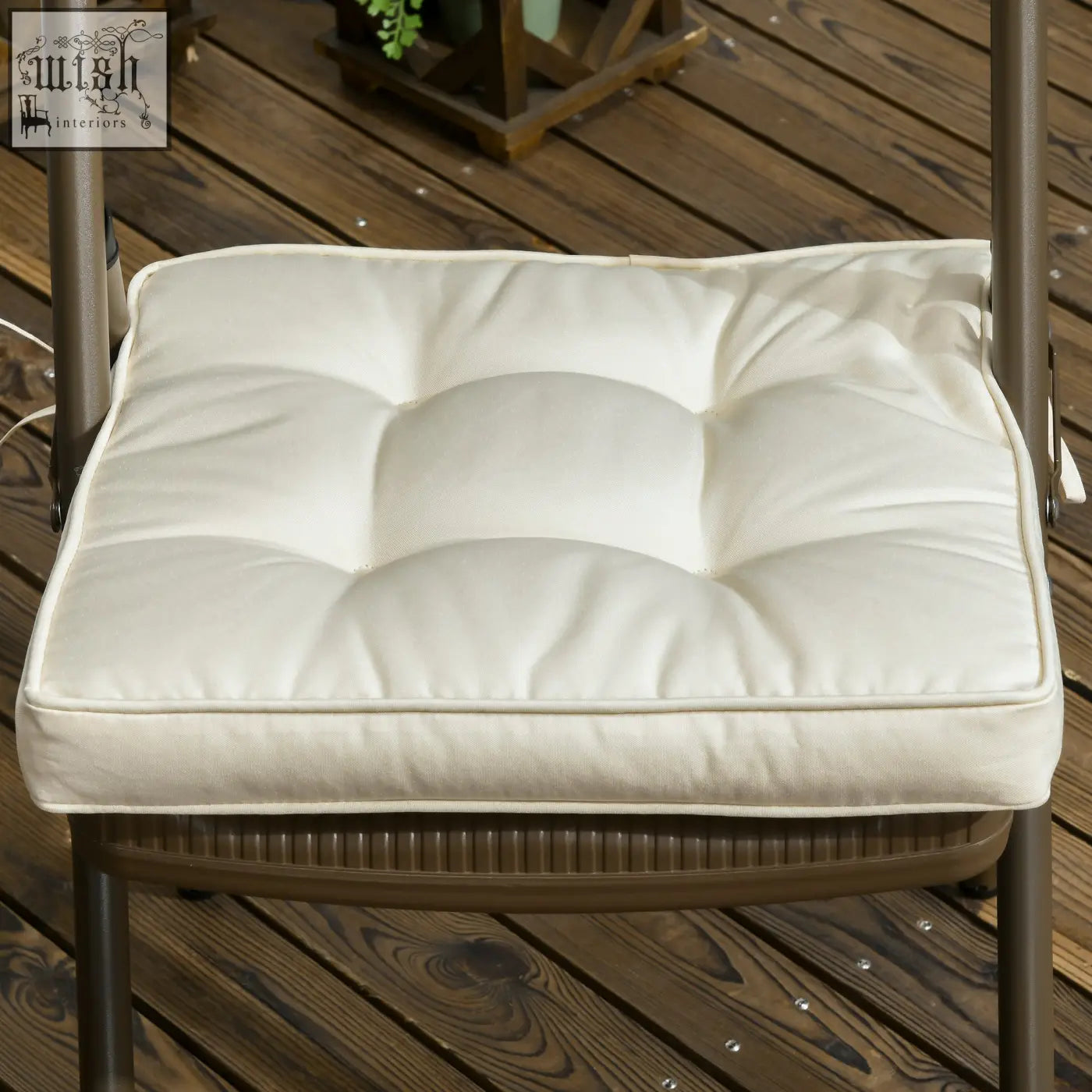 Cream tufted garden seat cushion with two tie fastenings for outdoor seating 42 x 42cm cream white plush texture