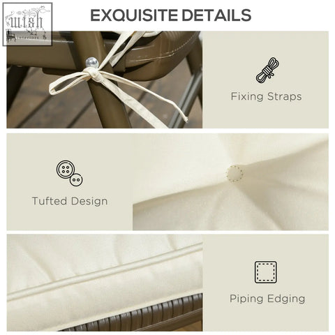 Cream-colored tufted outdoor chair cushion with beige fabric, brown metal frame, and two tie fastenings for outdoor seating