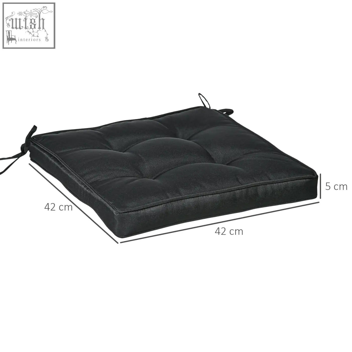 Black outdoorsy tufted garden seat cushion with two tie fastenings for secure outdoor seating comfort