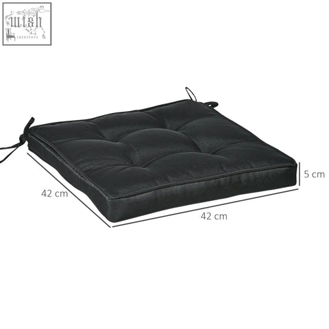 Black outdoorsy tufted garden seat cushion with two tie fastenings for secure outdoor seating comfort
