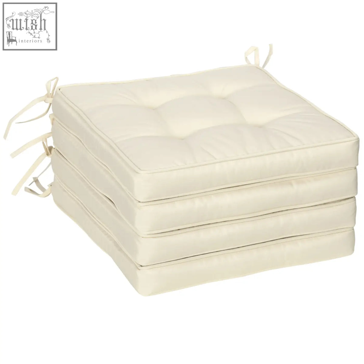 Stack of four off-white tufted garden seat cushions with two tie fastenings for outdoor seating and dining chairs