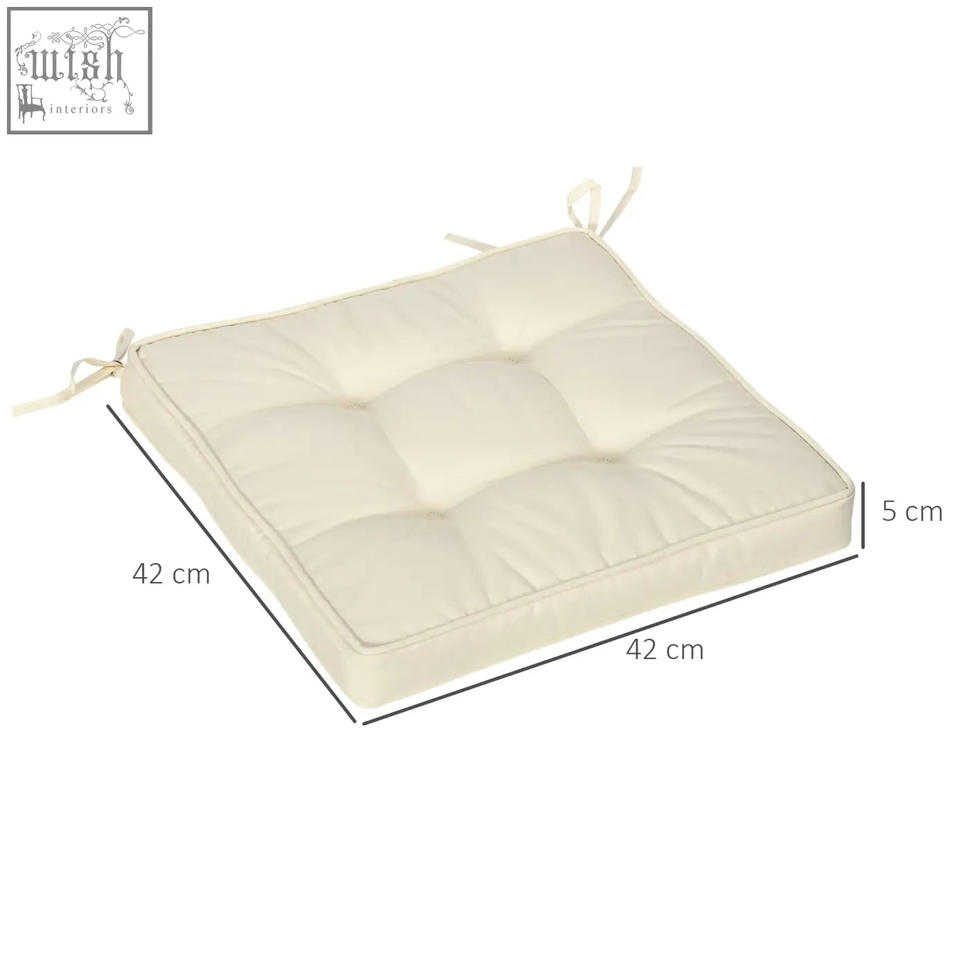 Cream white outsunny garden seat cushion with tufted design and two tie fastenings for outdoor seating comfort