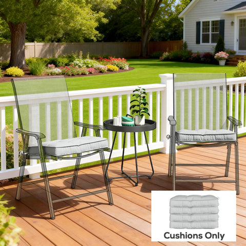 Gray cushioned outdoor patio chairs with mesh backs and metal frames featuring light grey outsunny seat cushions with two tie fastenings for outdoor seating and light stains protection