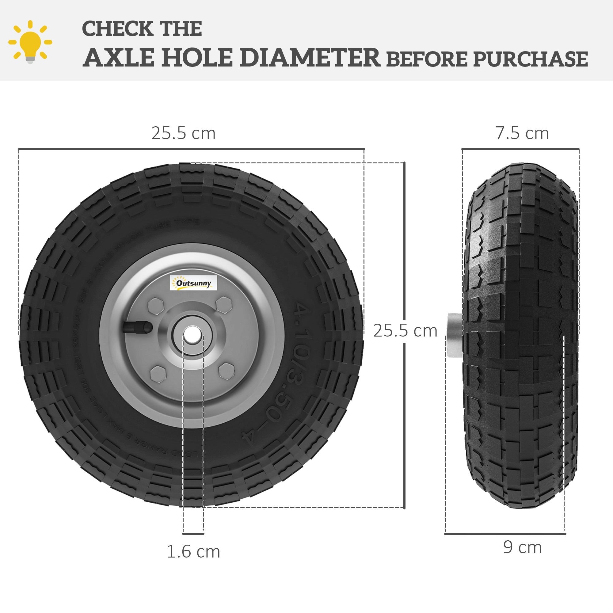 Black rubber tire with silver metal rim and deep treads labeled 25.5 cm by outsunny with robust rubber and high weight capacity