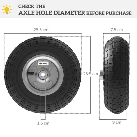 Black rubber tire with silver metal rim and deep treads labeled 25.5 cm by outsunny with robust rubber and high weight capacity