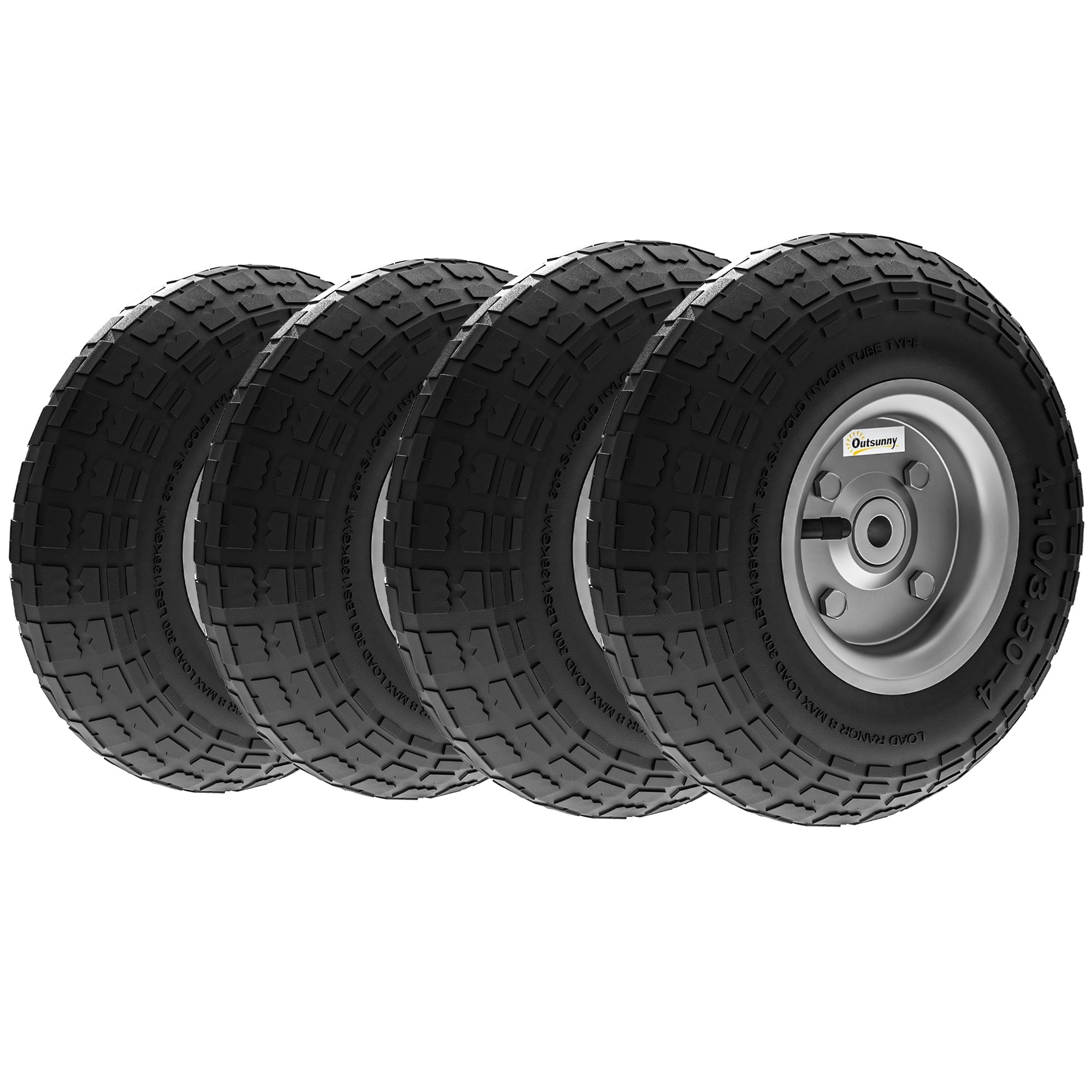 Black rubber tires with deep treads and silver steel rims branded outsunny for wheelbarrows and garden carts with robust rubber and high weight capacity