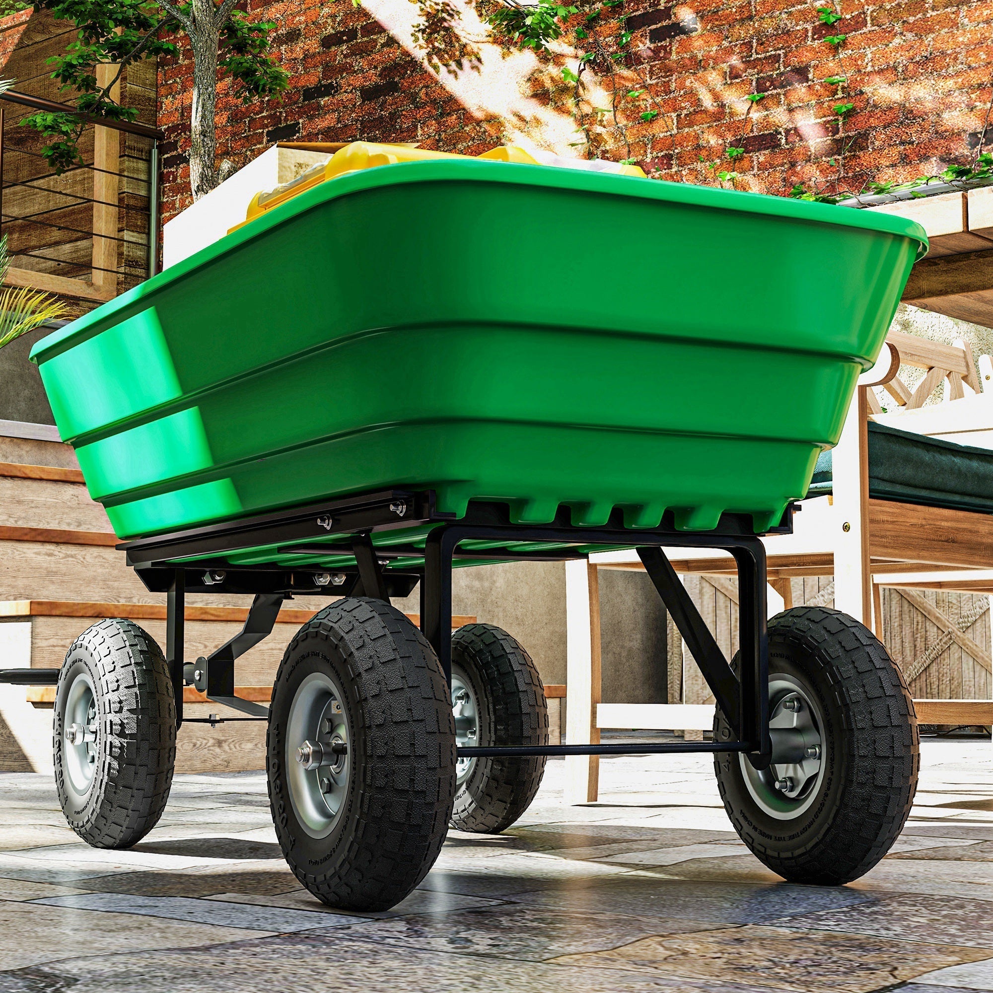 Green plastic garden cart with black metal frame and robust rubber tires from outsunny set of 4 pneumatic wheels replacement