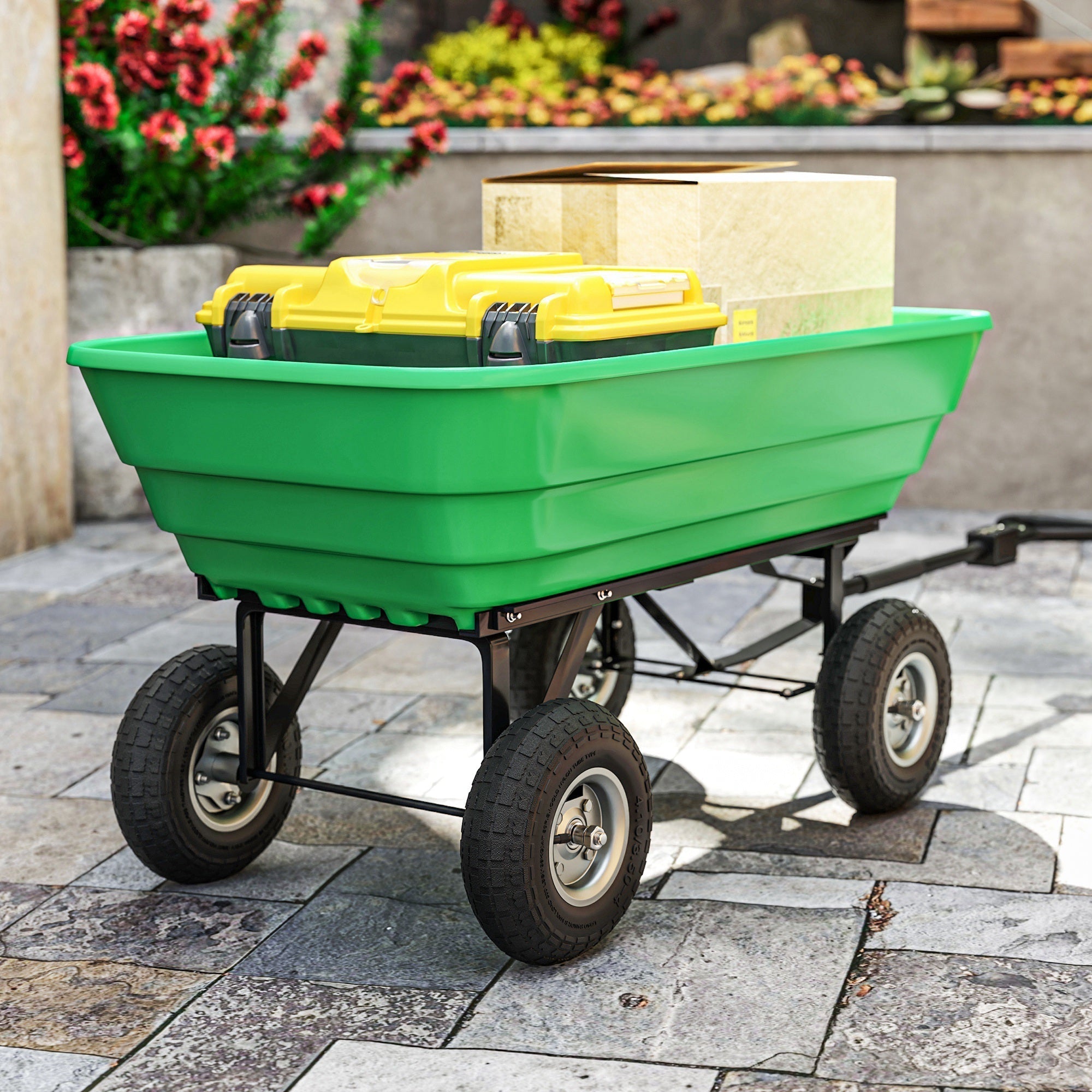 Green plastic garden wagon with robust rubber tires and black metal frame carrying two yellow storage containers with high weight capacity
