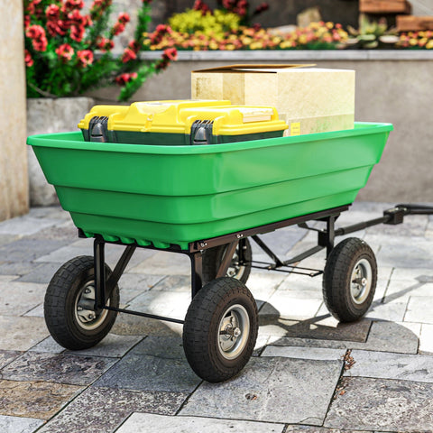 Green plastic garden wagon with robust rubber tires and black metal frame carrying two yellow storage containers with high weight capacity