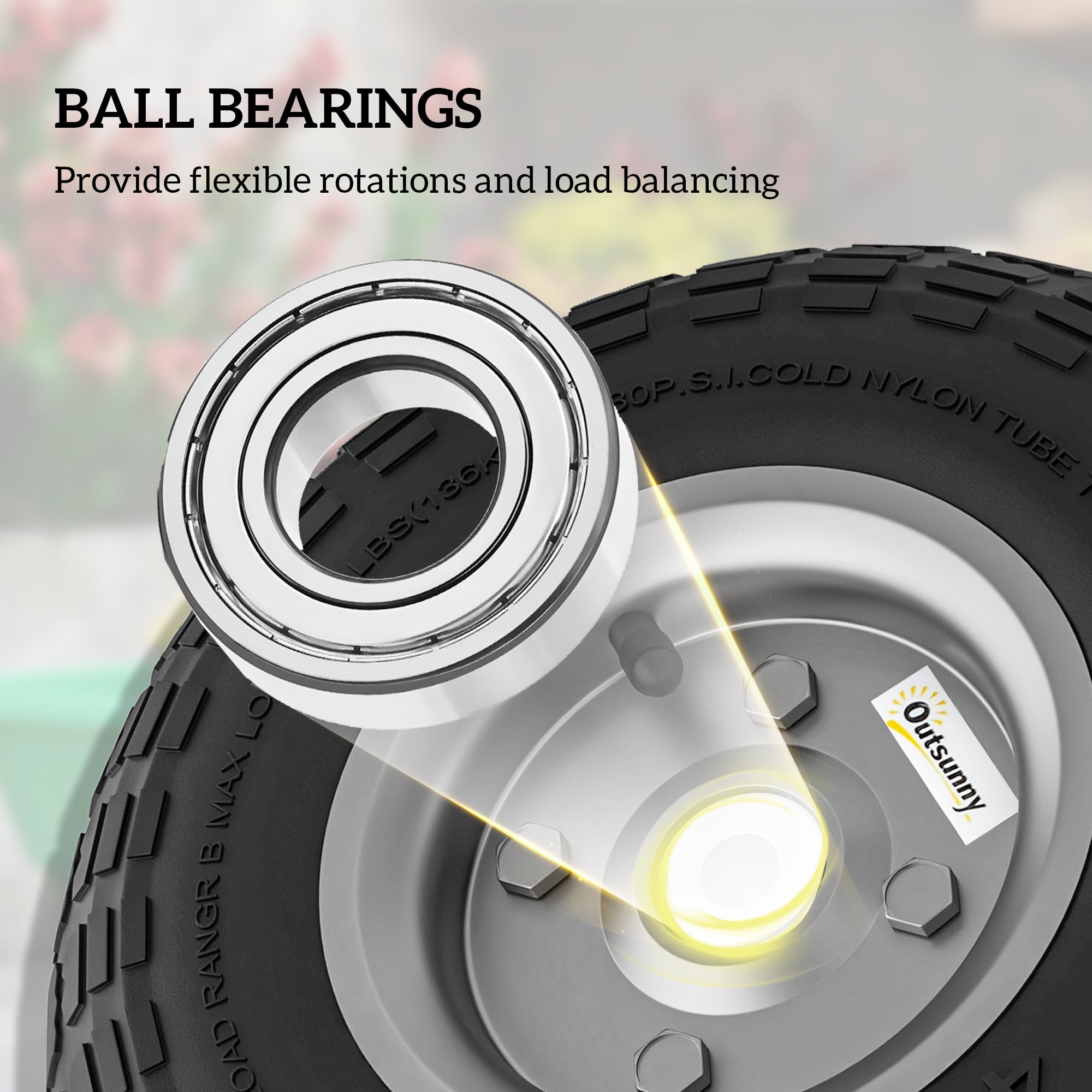 Silver ball bearing with black inner ring for flexible rotations in outsunny 10 inch robust rubber tires wheelbarrow wheels