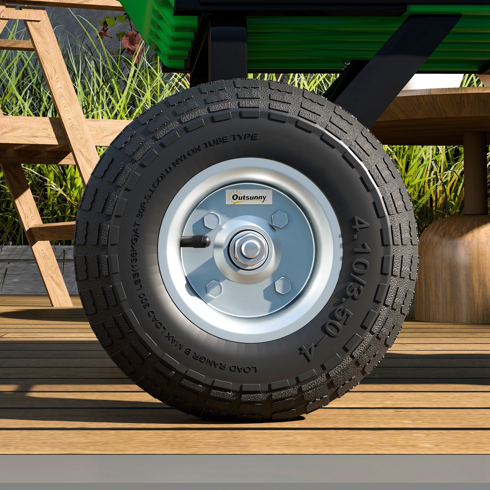 Black rubber tire with silver rim mounted on green cart robust rubber tires with high weight capacity by Outsunny