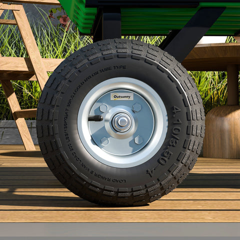 Black rubber tire with silver rim mounted on green cart robust rubber tires with high weight capacity by Outsunny