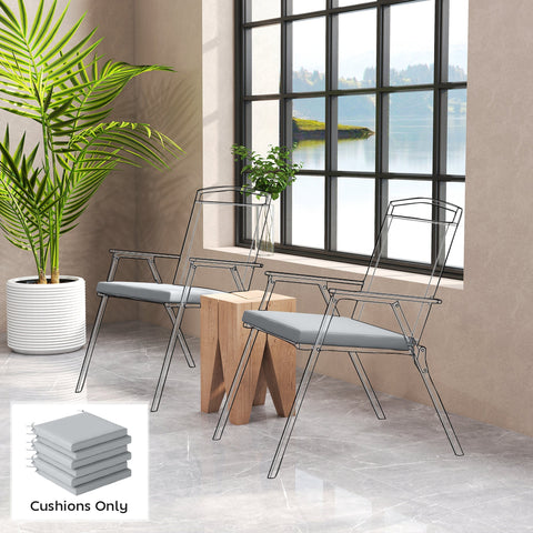 Gray fabric seat cushions for modern metal outdoor chairs with machine washable covers and water repellent design