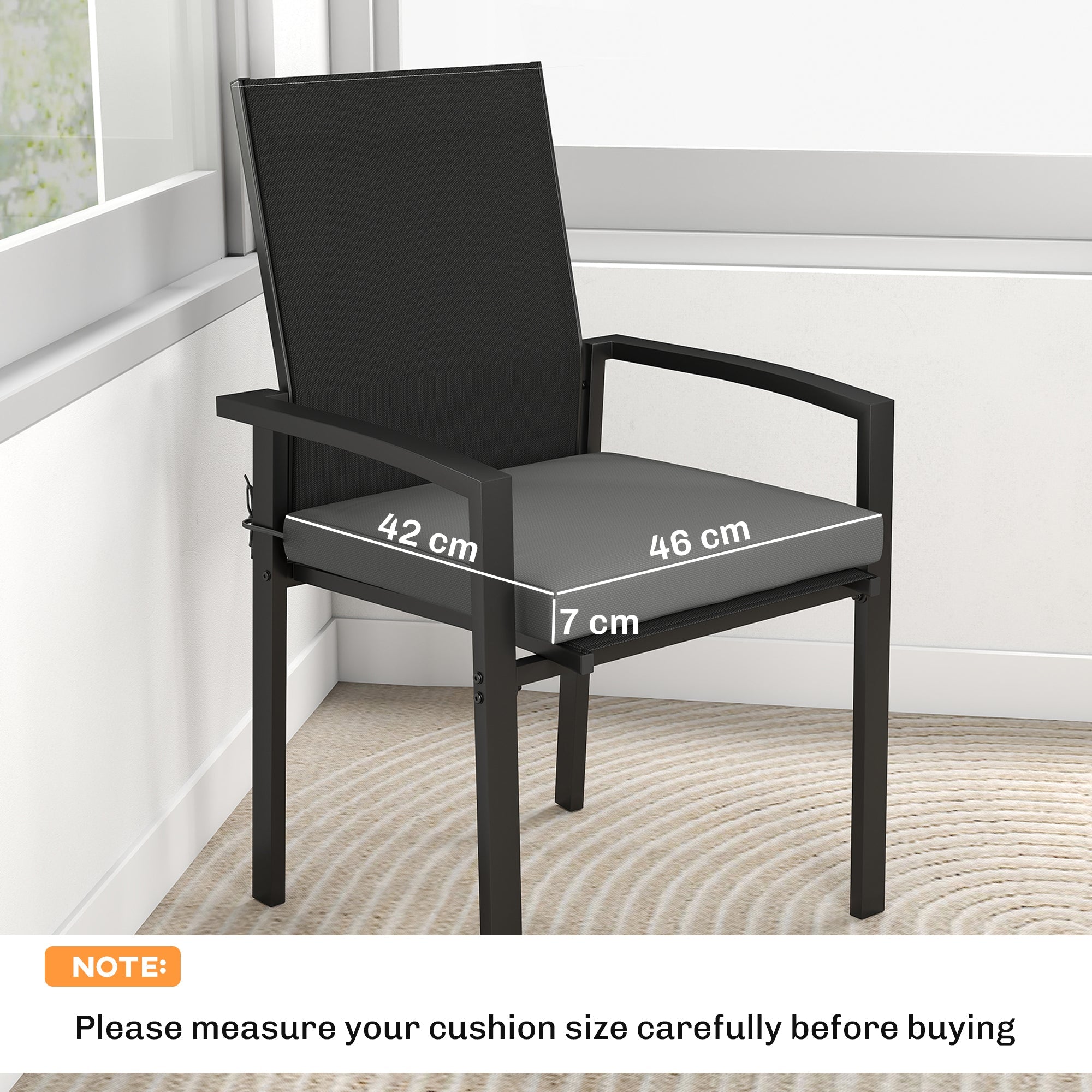 Black metal armchair with mesh back and gray cushioned seat featuring outsunny outdoor seat cushions set of 6