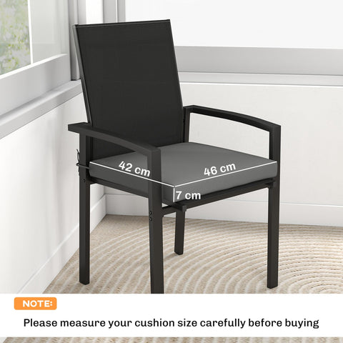 Black metal armchair with mesh back and gray cushioned seat featuring outsunny outdoor seat cushions set of 6
