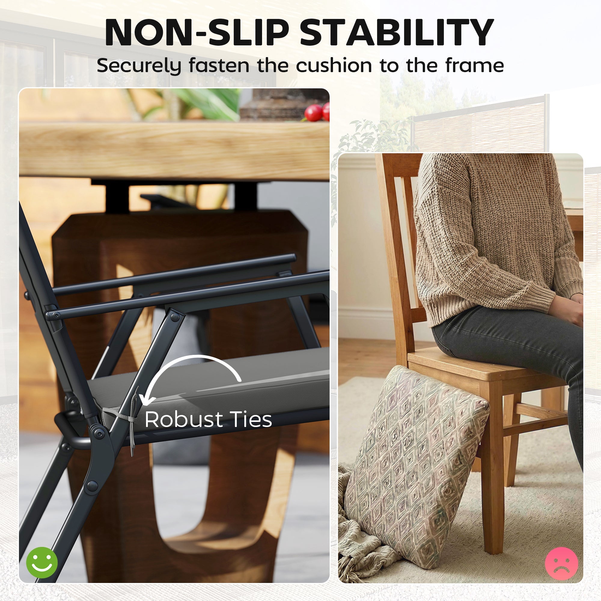 Black geometric patterned outdoor seat cushion tied to wooden chair from Outsunny set of 6 seat cushions dark grey