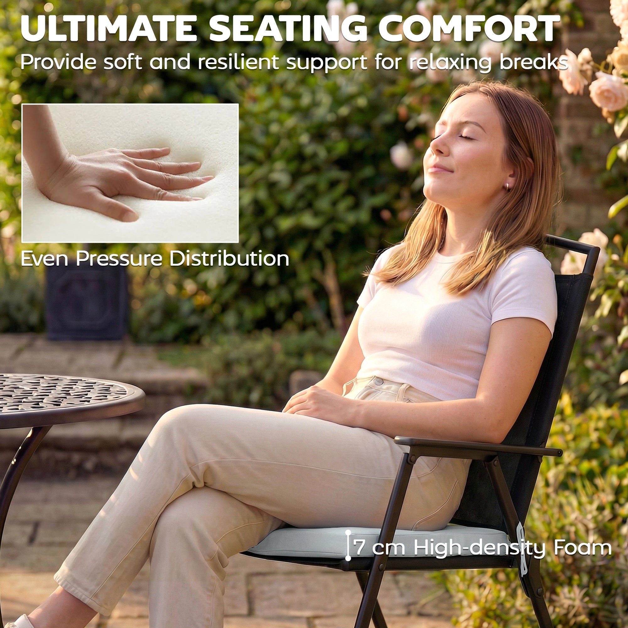 Black folding chair with light gray high-density foam outdoor seat cushion from Outsunny set of 6 outdoor seat cushions