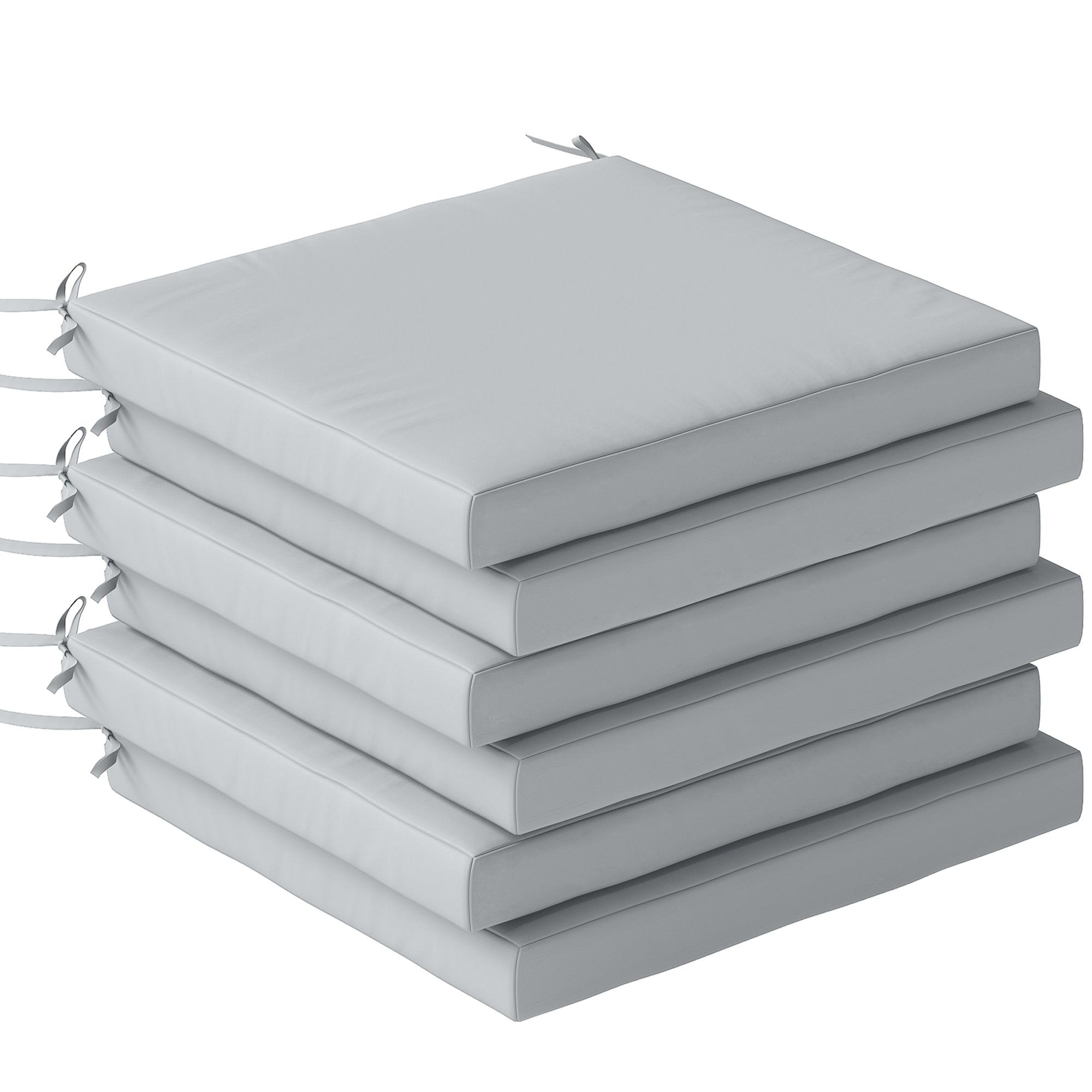Stack of five light grey outsunny outdoor seat cushions with fabric covers and drawstring ties for outdoor seating