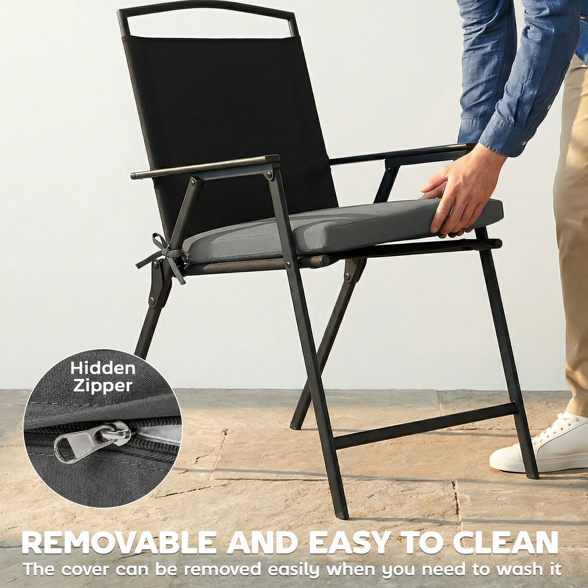 Outsunny black fabric outdoor folding chair with gray machine washable outdoor seat cushions and metal frame