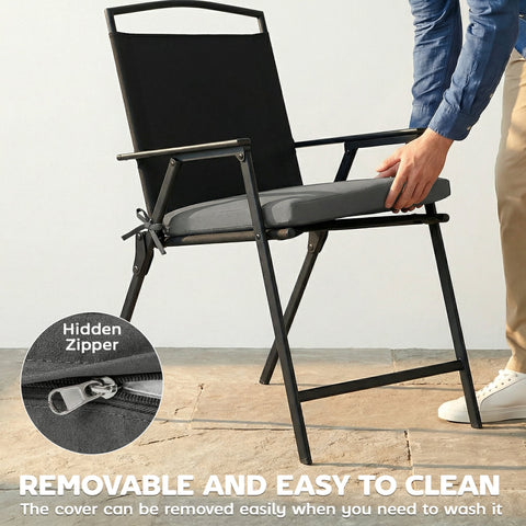 Outsunny black fabric outdoor folding chair with gray machine washable outdoor seat cushions and metal frame