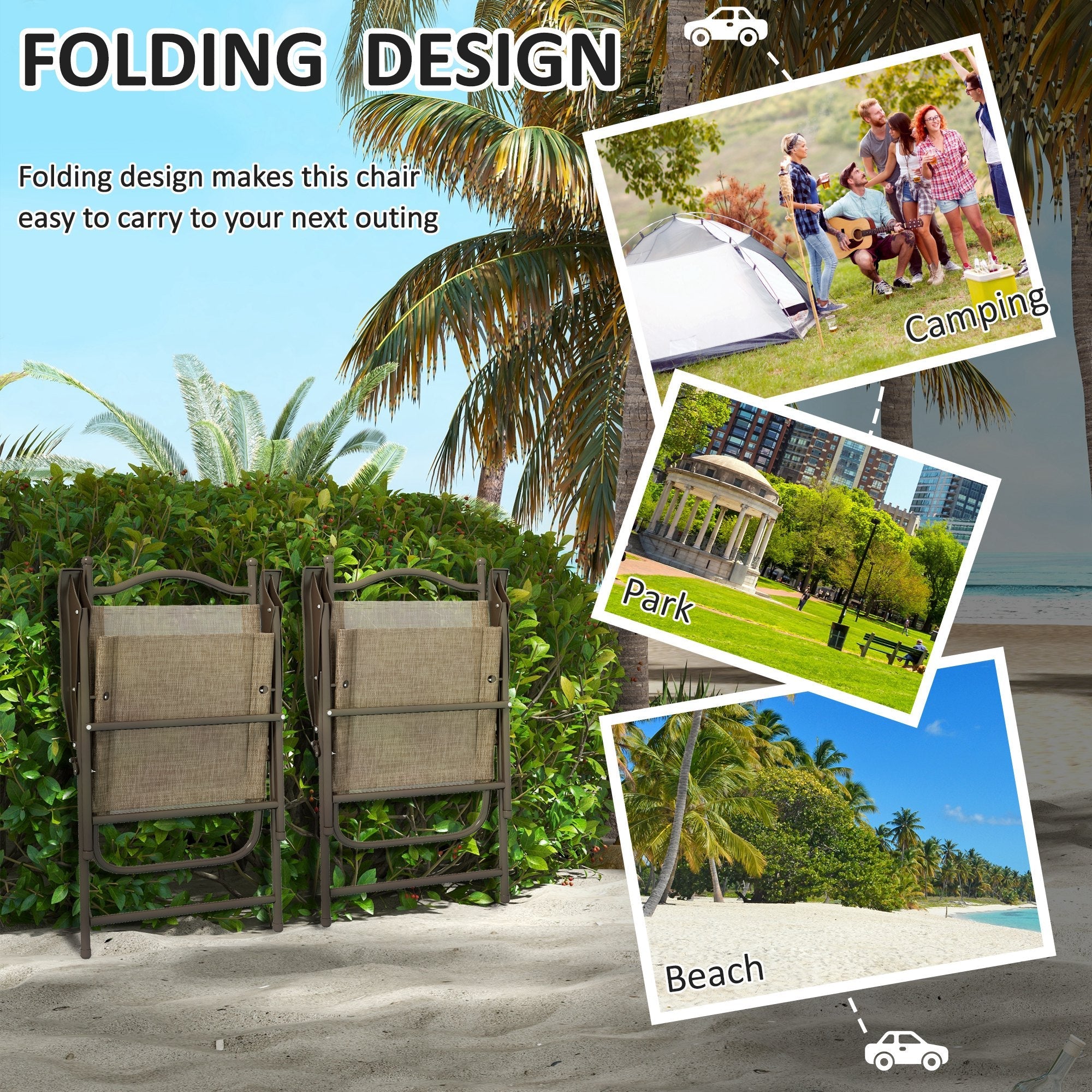 Outsunny set of two beige woven fabric folding garden chairs with powder coated steel frames in mixed brown