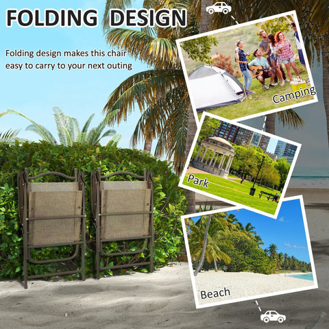 Outsunny set of two beige woven fabric folding garden chairs with powder coated steel frames in mixed brown