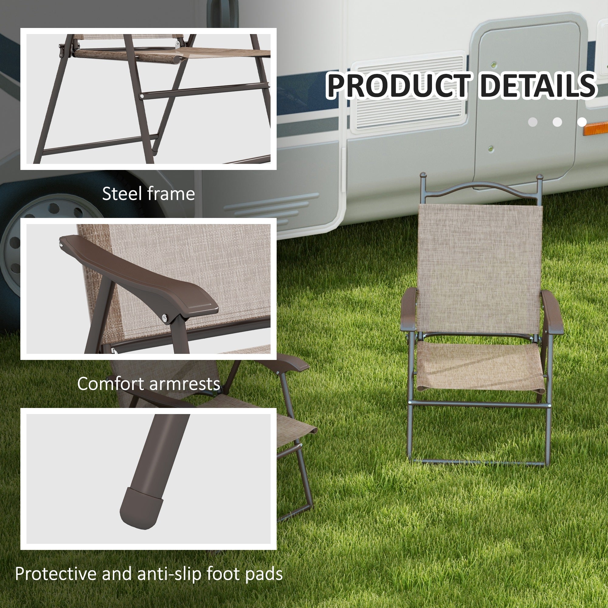 Beige fabric folding camp chair with powder coated steel frame and brown armrests from outsunny set of two