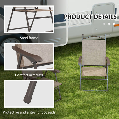 Beige fabric folding camp chair with powder coated steel frame and brown armrests from outsunny set of two
