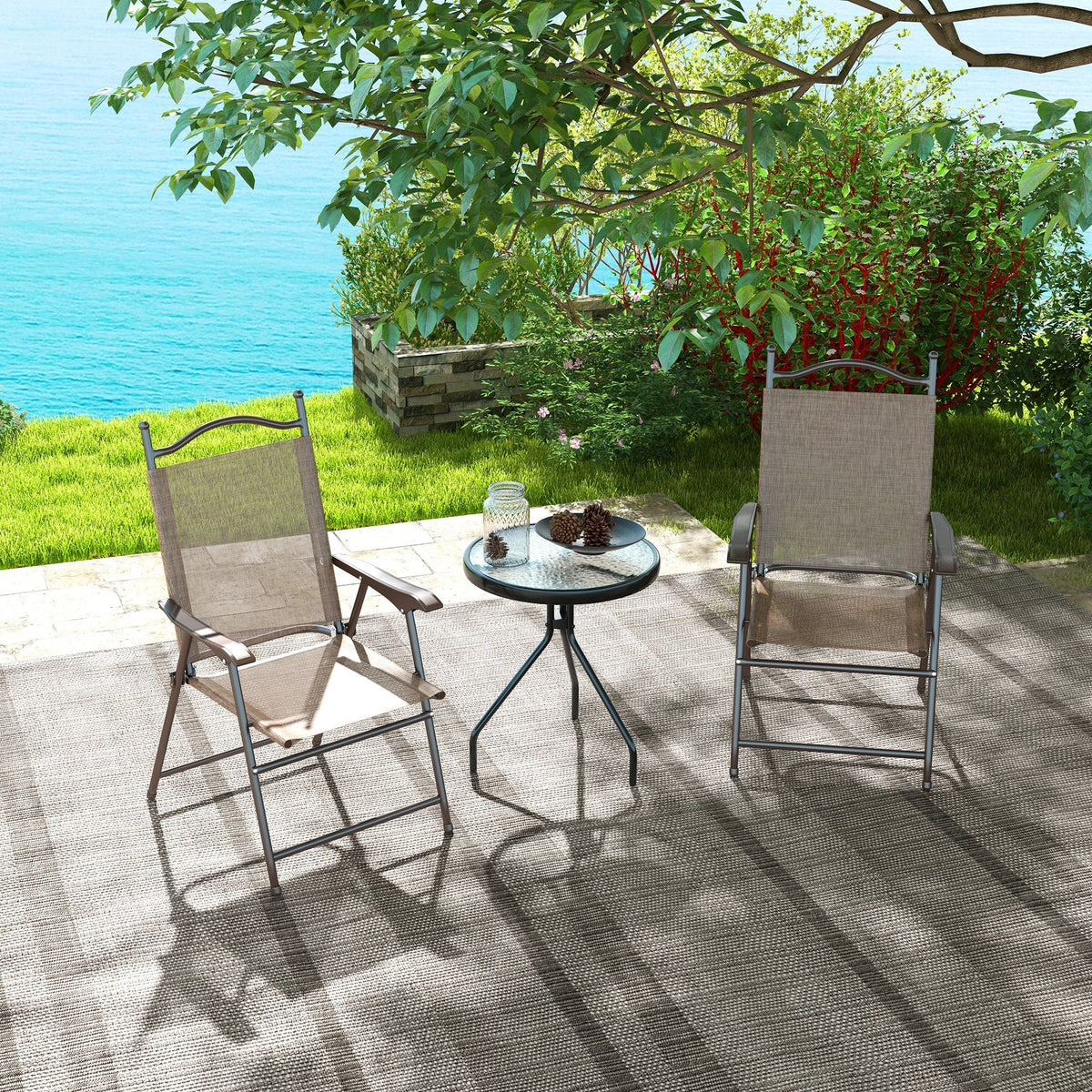 Beige mesh patio chairs with powder coated steel frames beside a small table on an outdoor rug in mixed brown