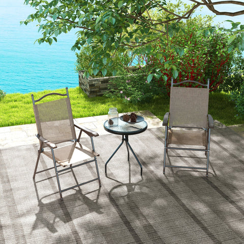 Beige mesh patio chairs with powder coated steel frames beside a small table on an outdoor rug in mixed brown