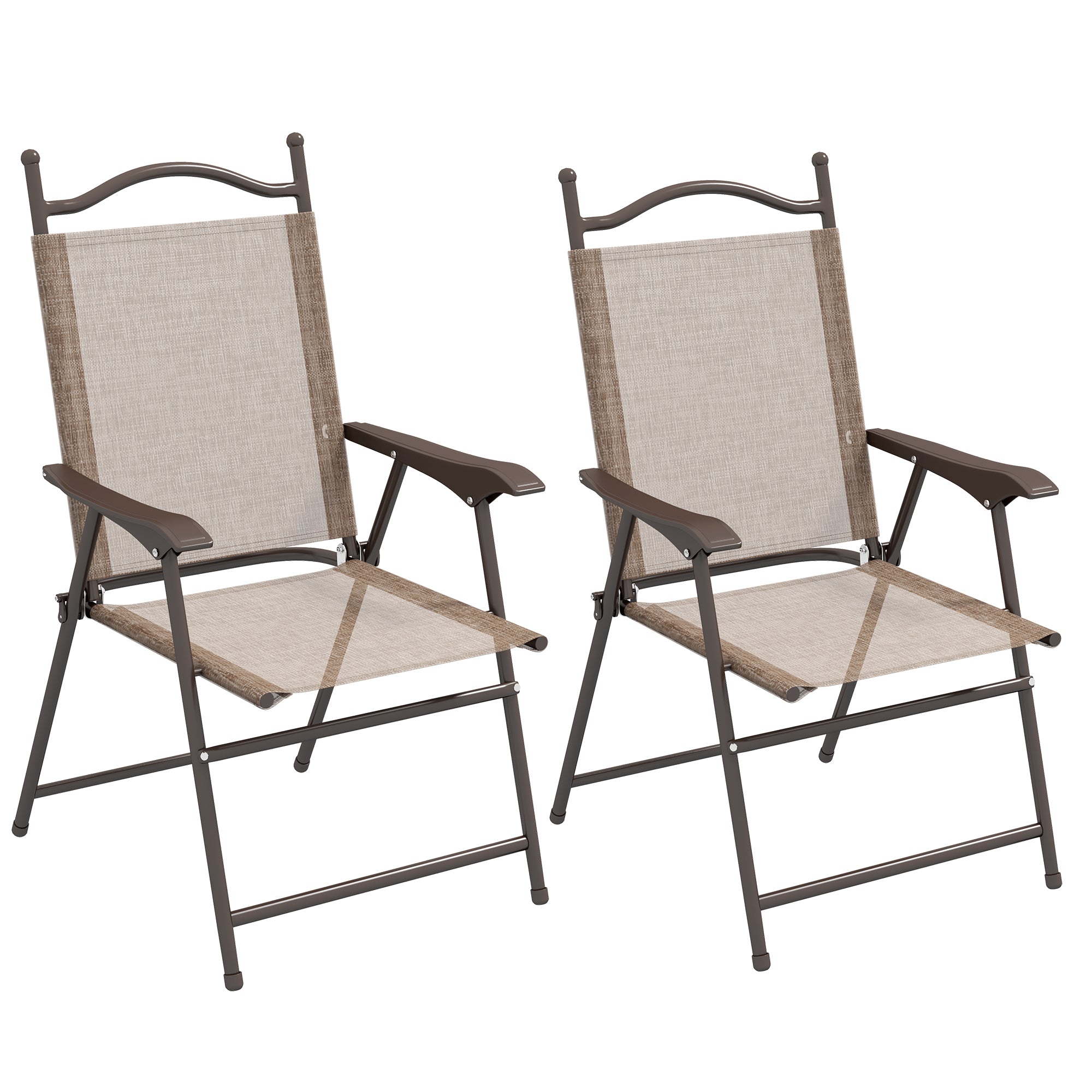 Pair of brown and beige mesh folding patio chairs with powder coated steel frames for outdoor use