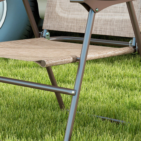 Brown metal-framed folding chair with woven beige fabric seat and powder coated steel frames for outdoor use