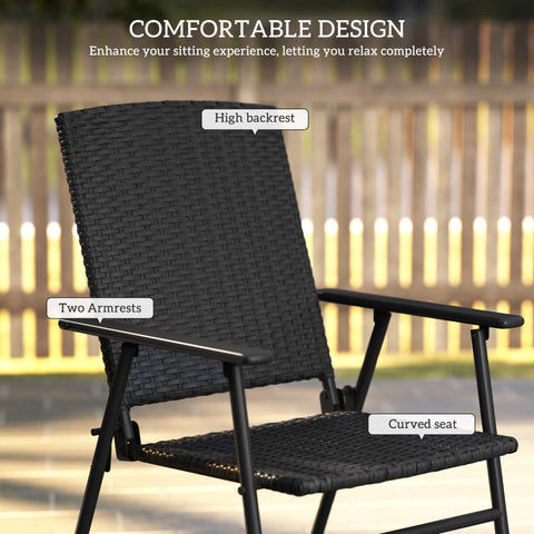 Outsunny set of two black rattan chairs with foldable design high backrest armrests and curved seat for outdoors