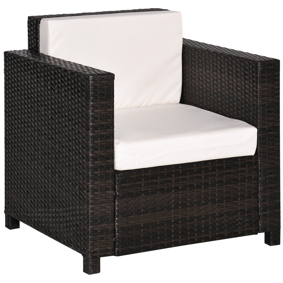 Outsunny Single Seater Rattan Chair, PE Wicker Garden Armchair with 10 cm Thickened Cushion, All-Weather Rattan Garden Chair with Armrests, Brown