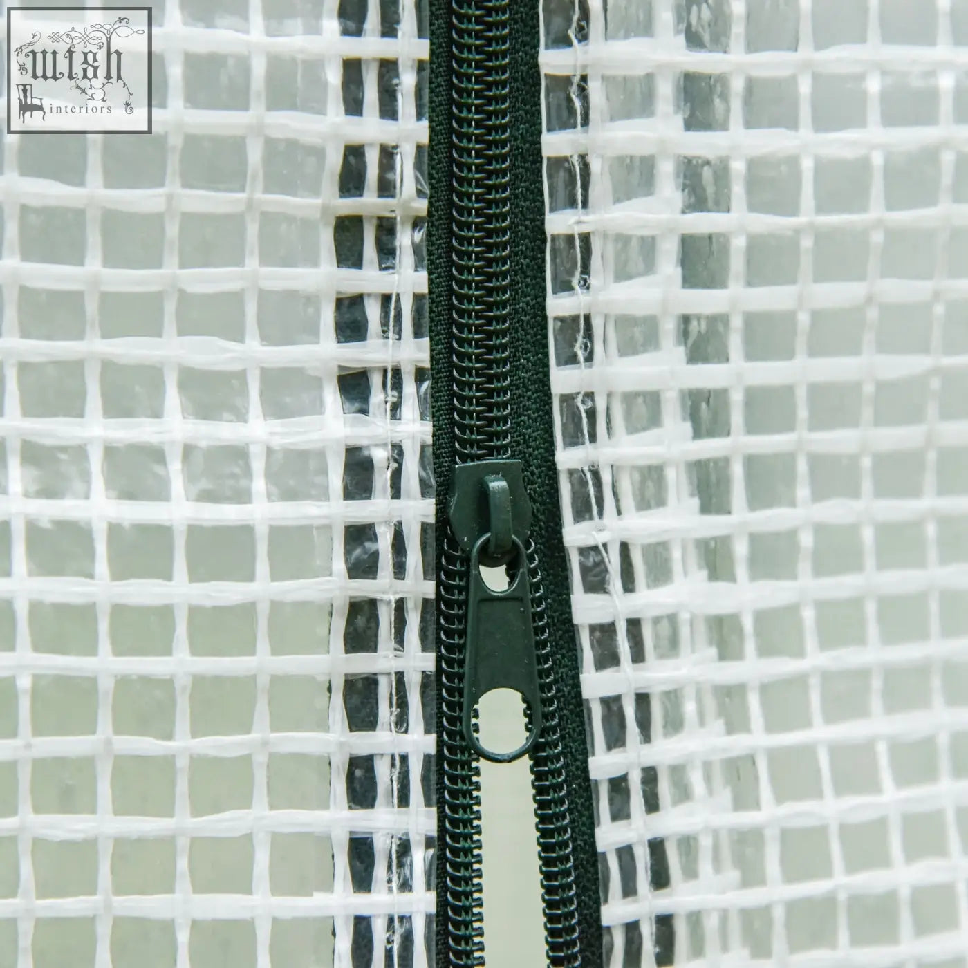 Black zipper on white mesh door of outsunny small walk-in garden greenhouse with steel frame for extra stability