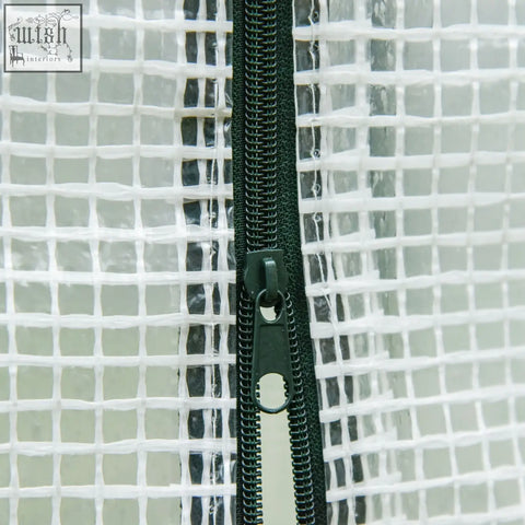 Black zipper on white mesh door of outsunny small walk-in garden greenhouse with steel frame for extra stability